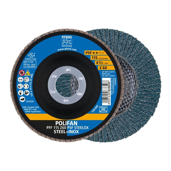 Pferd 4-1/2" x 7/8" A.H. POLIFAN® Flap Disc - Z PSF STEELOX, Zirconia, 60 Grit, Flat 62015